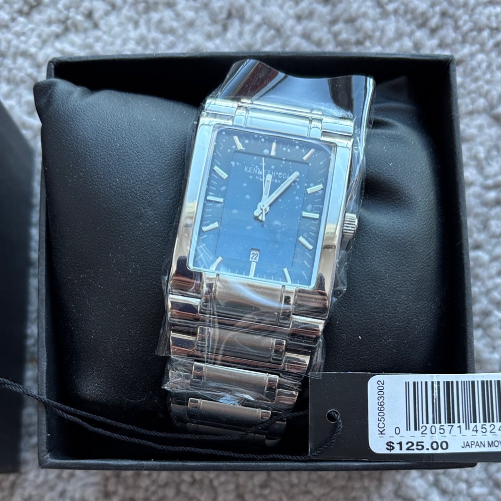 NIB Kenneth Cole silver/chrome tank-style watch